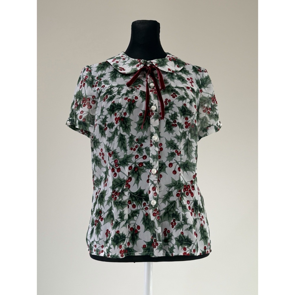 Hell Bunny Blouse Christmas Holly Berry Peter Pan Collar Velvet Bow Sz S